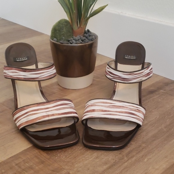 Stuart Weitzman Shoes - Stuart Weitzman Striped Block Heel Sandals Brown Pink White Square Toe